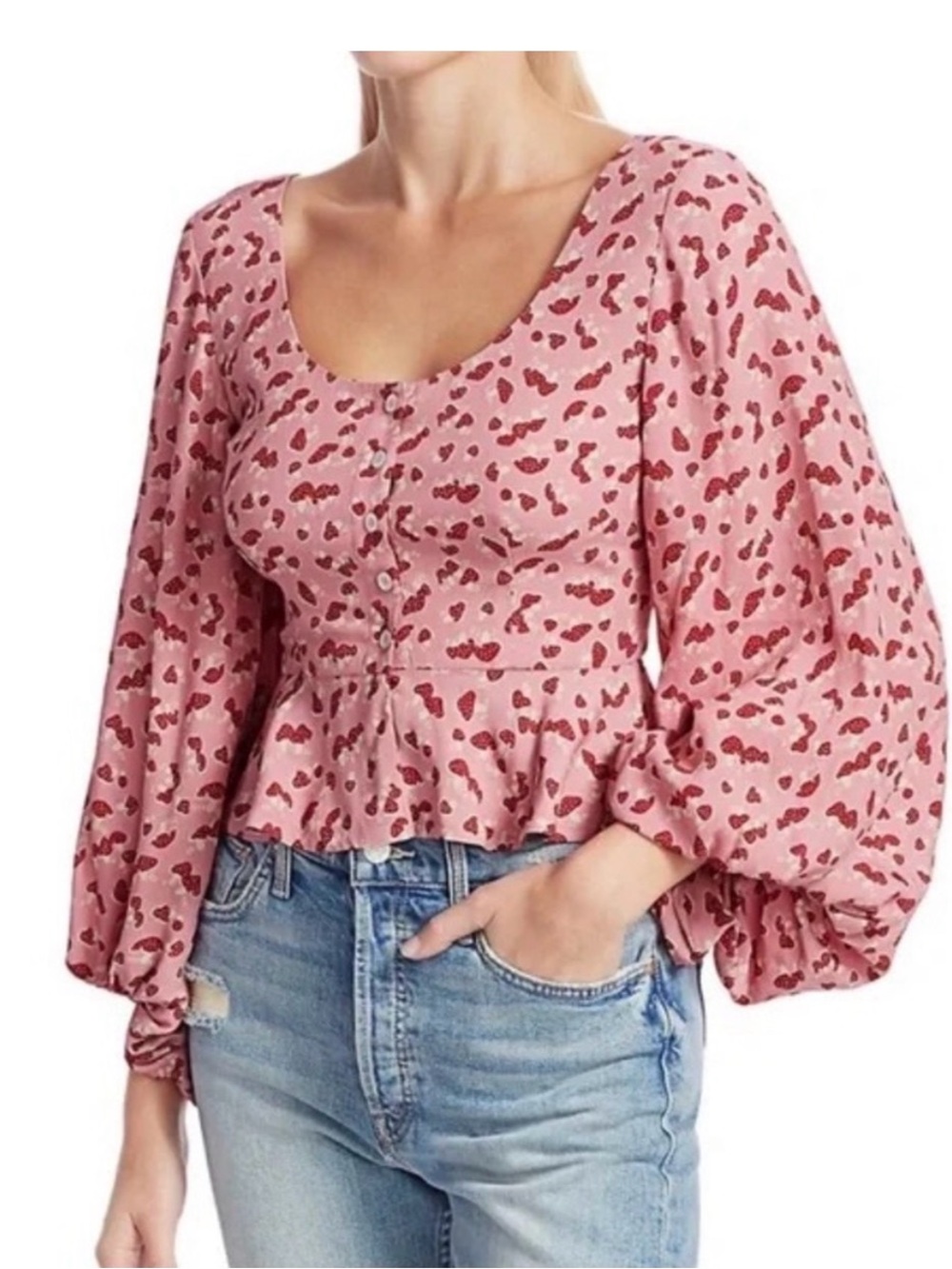 STAUD Pink Printed Peplum Blouse with Red Motif